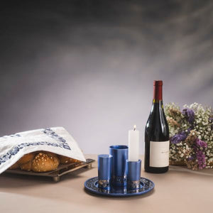 Blue Anodized Aluminum Havdalah Set – 4-Piece Judaica with Kiddush Cup, Spice Box, Candle Holder & Plate