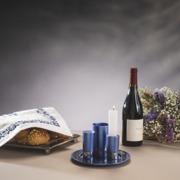 Blue Anodized Aluminum Havdalah Set – 4-Piece Judaica with Kiddush Cup, Spice Box, Candle Holder & Plate