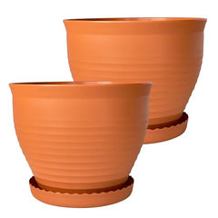 Large Round Plastic Planters with Drainage and Saucers – Set of 2