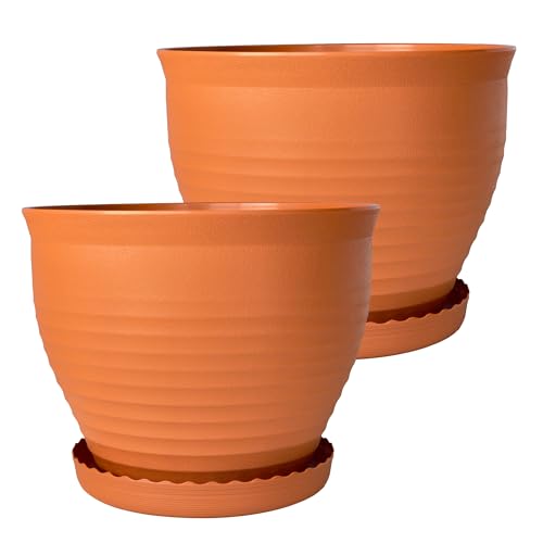Large Round Plastic Planters with Drainage and Saucers – Set of 2