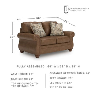 Rustic Faux Leather Loveseat with Nailhead Trim & Throw Pillows