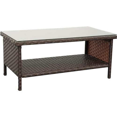 Outdoor Wicker Patio Coffee Table with 2-Layer Storage and Glass Top
