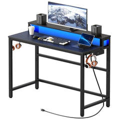 2-Tier Gaming Desk with Monitor Stand, Charging Station & LED Lights
