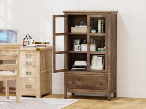 Glass Door Storage Cabinet with Drawer and Wood Legs