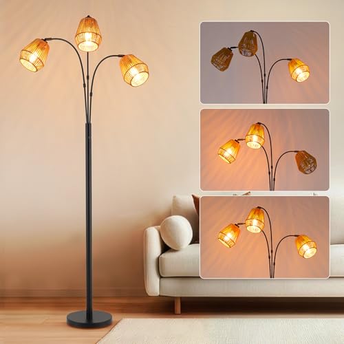 Arc Floor Lamp with Rattan Shades & Rotatable Arms