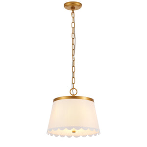 Cream White Fabric Drum Pendant Light – 3-Light Chandelier with Antique Brass Finish