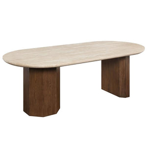 Travertine Top Oval Dining Table with Dark Oak Base