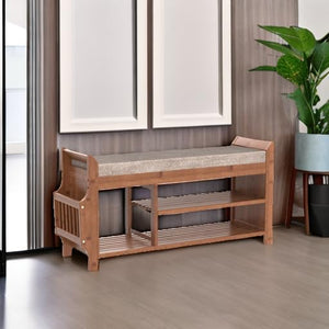 Bamboo Entryway Shoe Storage Bench with Cushion