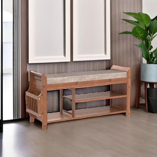 Bamboo Entryway Shoe Storage Bench with Cushion