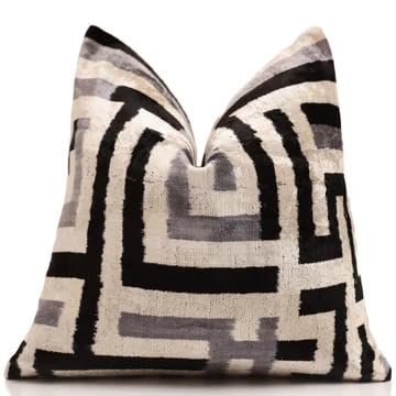 Black & Silver Maze Silk Velvet Throw Pillow 16x16
