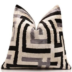 Black & Silver Maze Silk Velvet Throw Pillow 16x16