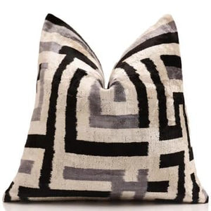 Black & Silver Maze Silk Velvet Throw Pillow 16x16