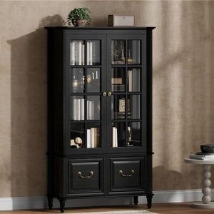 63" Tall Bookshelf with Glass Doors & Drawers