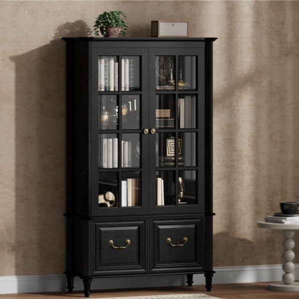 63" Tall Bookshelf with Glass Doors & Drawers