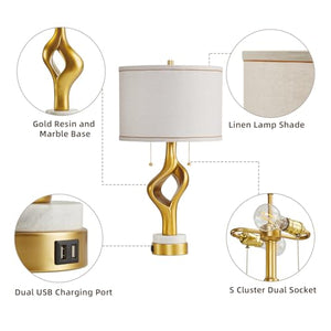 Gold Sculptural Table Lamp Set of 2 with USB Ports & Marble Base