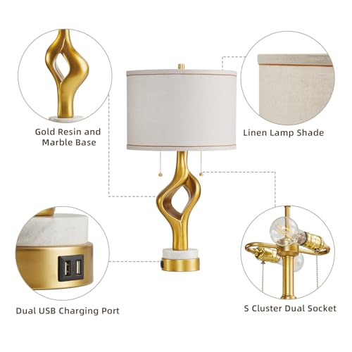 Gold Sculptural Table Lamp Set of 2 with USB Ports & Marble Base