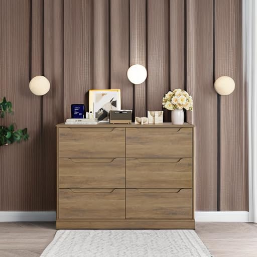 6 Drawer Double Dresser with Storage – Rustic Brown