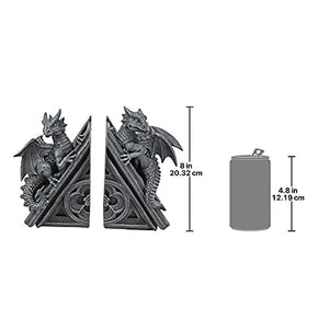 Gothic Dragon Bookend Statues – Set of 2, Gray Stone Resin, 8 Inch