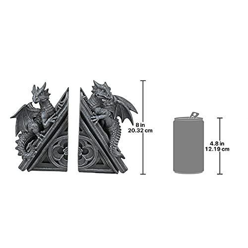 Gothic Dragon Bookend Statues – Set of 2, Gray Stone Resin, 8 Inch