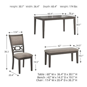6-Piece Transitional Dining Table Set with Bench and Upholstered Chairs, Seats 6