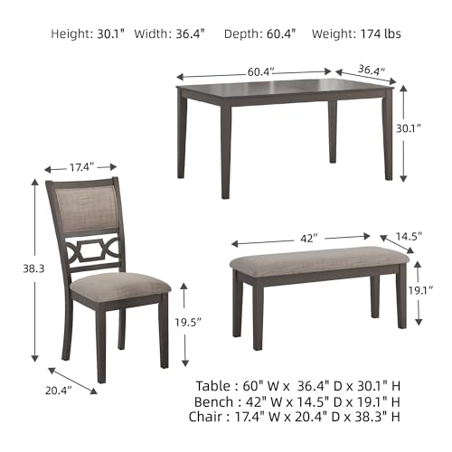 6-Piece Transitional Dining Table Set with Bench and Upholstered Chairs, Seats 6
