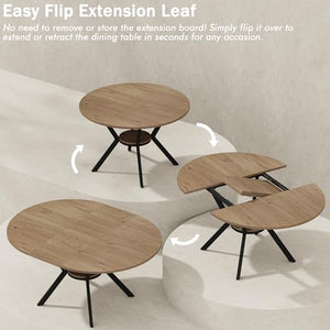 Extendable Round to Oval Dining Table with Hidden Leaves & Storage Shelf