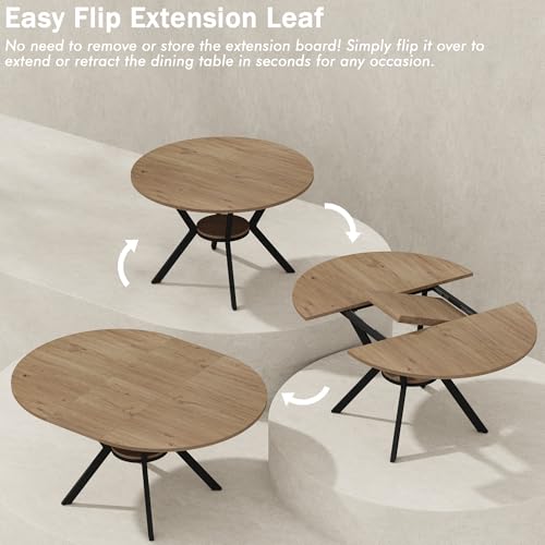 Extendable Round to Oval Dining Table with Hidden Leaves & Storage Shelf