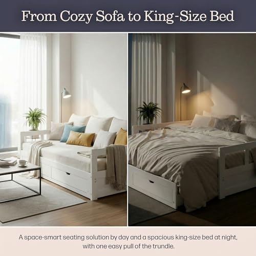 Twin to King Convertible Daybed with Trundle & Storage Drawers – Solid Pine Wood