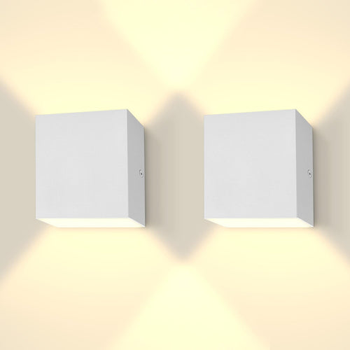 Square LED Up Down Wall Sconces Set of 2 – 5CCT Selectable, IP65 Waterproof, Metal, White