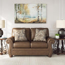 Rustic Faux Leather Loveseat with Nailhead Trim & Throw Pillows