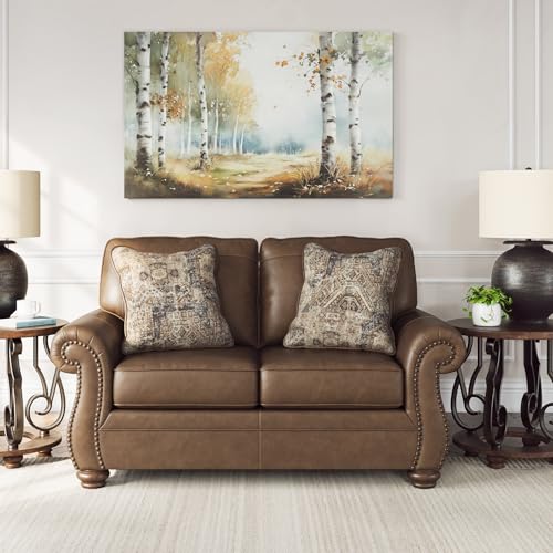 Rustic Faux Leather Loveseat with Nailhead Trim & Throw Pillows