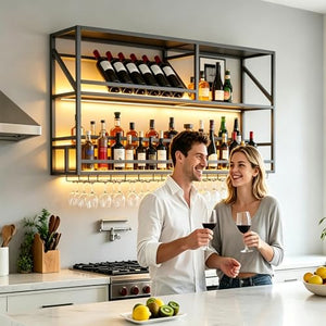 Wall Mounted Bar Shelf with LED & Wine Glass Rack