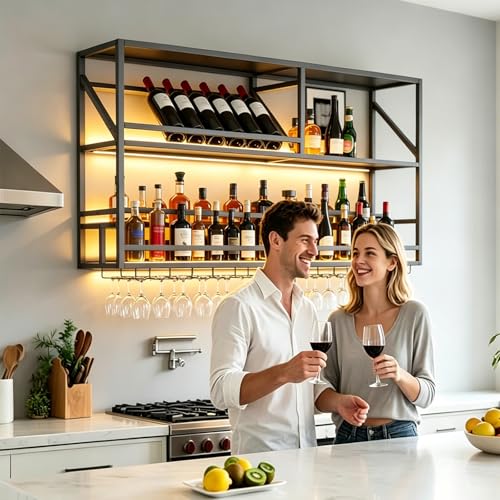 Wall Mounted Bar Shelf with LED & Wine Glass Rack