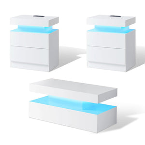 3-Piece LED Coffee Table Set with End Tables & Charging Station