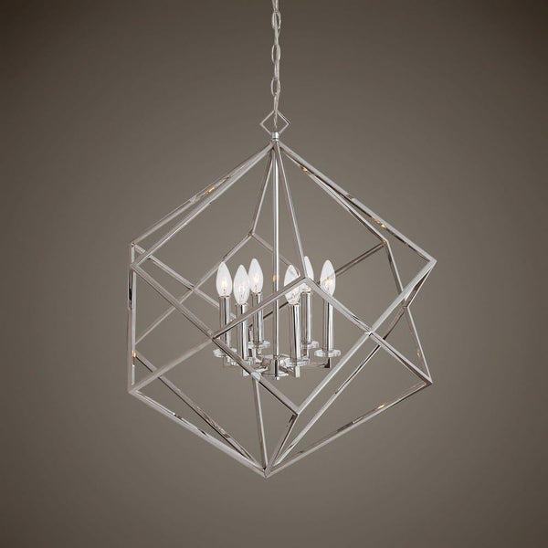6-Light Polished Nickel Steel Pendant Chandelier – Cube Design
