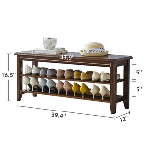 Solid Wood Shoe Storage Bench with 2-Tier Shelf