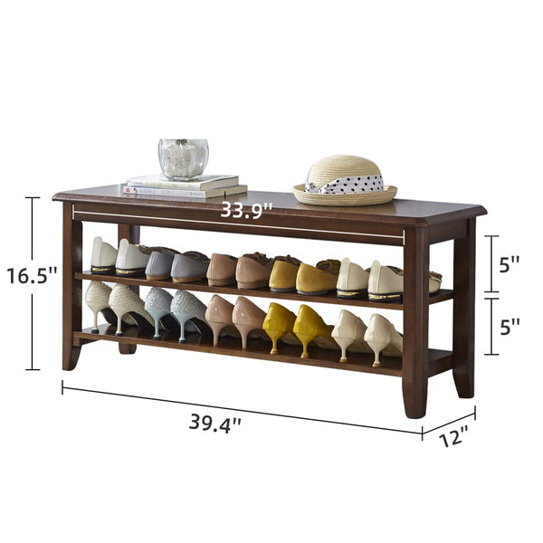 Solid Wood Shoe Storage Bench with 2-Tier Shelf