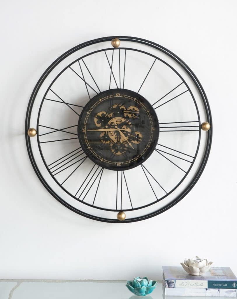 32-Inch Round Black Metal Gear Silent Wall Clock