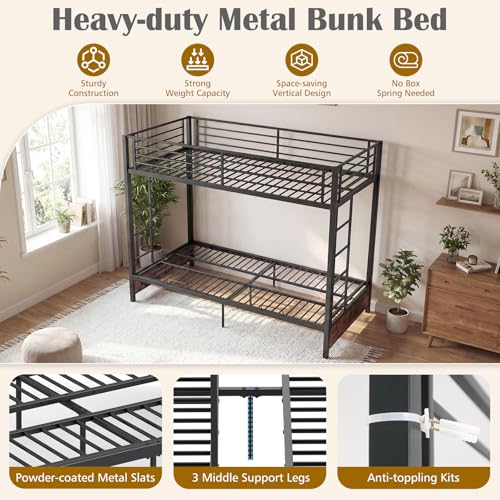 Twin Over Twin Futon Bunk Bed with Ladders & Guardrails