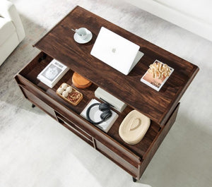 Lift Top Coffee Table with Hidden Storage & Slatted Door — Dark Walnut