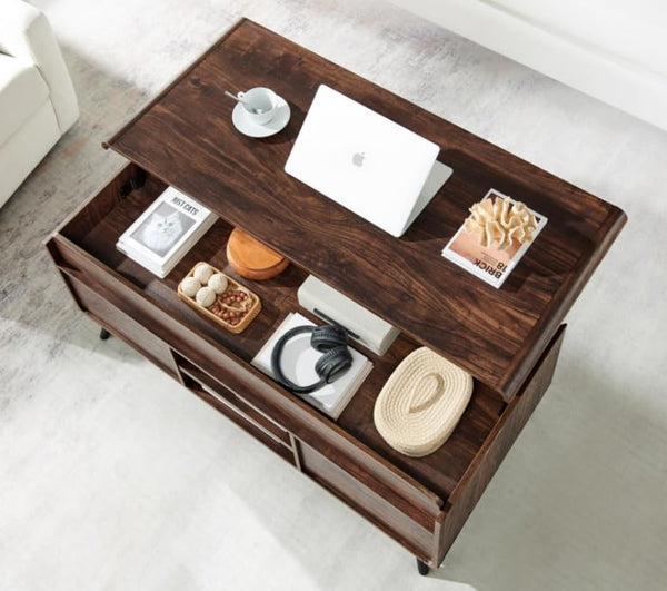 Lift Top Coffee Table with Hidden Storage & Slatted Door — Dark Walnut