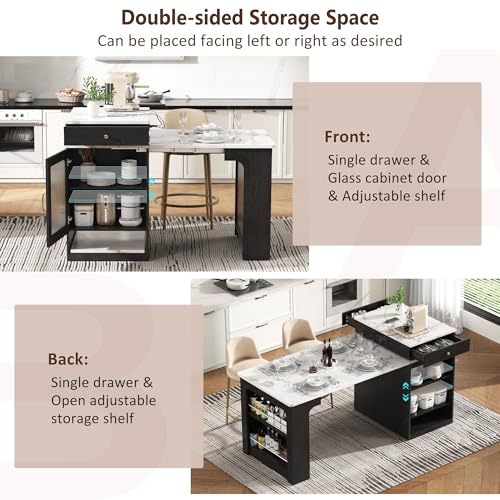 Kitchen Island with Extendable Dining Table, Rolling Storage, Power Outlet & Drawers