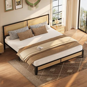 Boho Platform Bed Frame with Rattan Headboard & Underbed Storage