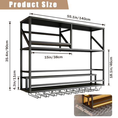 Wall Mounted Bar Shelf with LED & Wine Glass Rack