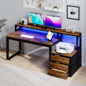 67-Inch Home Office Desk with Drawers and LED Lights