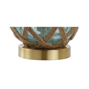 Aqua Glass & Rope Nautical Table Lamp with White Linen Drum Shade