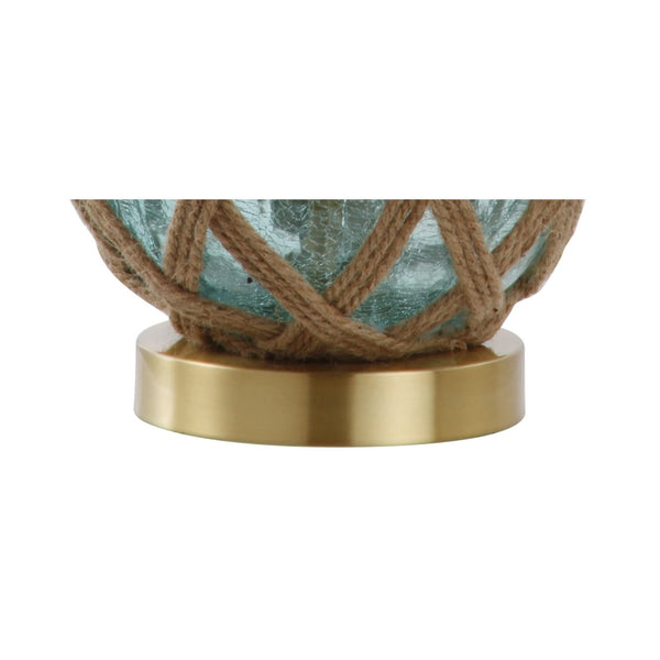 Aqua Glass & Rope Nautical Table Lamp with White Linen Drum Shade