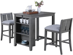 3-Piece Counter Height Dining Set with USB Charging & Storage Shelves