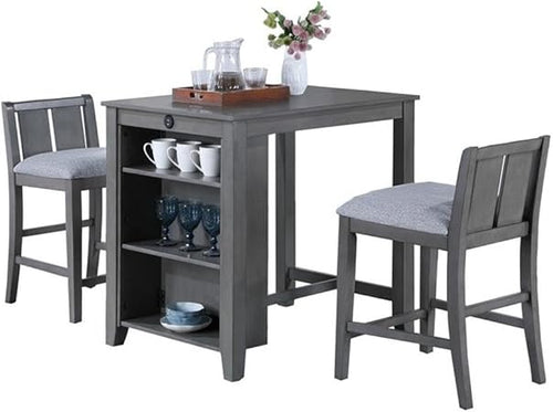 3-Piece Counter Height Dining Set with USB Charging & Storage Shelves