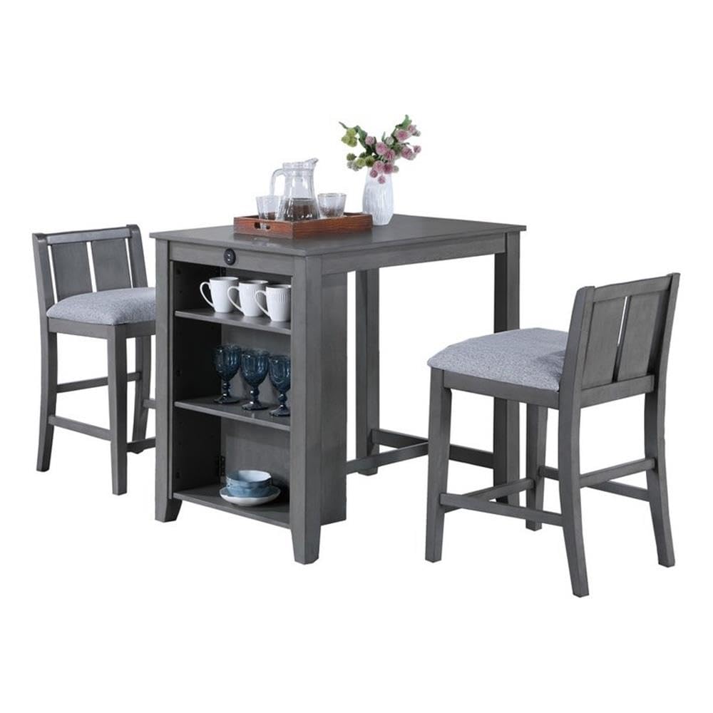 3-Piece Counter Height Dining Set with USB Charging & Storage Shelves